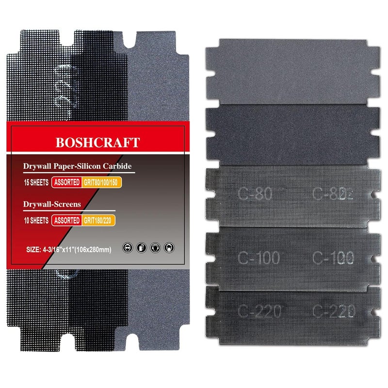 BOSHCRAFT 25 Pcs Sanding Screen Mesh Sheet, Drywall Sandpaper Assortment 80/100/150/180/220 Grit Wet or Dry Sandpaper for Wood Metal Automative Hand Sander Pole Sander 4-3/16" x 11" - Image 1